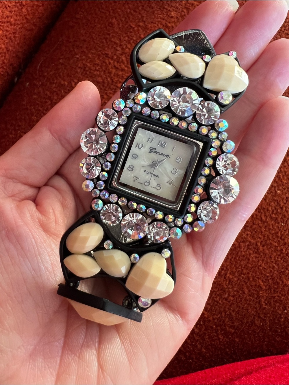 Geneva Black Watch with Cream Gem Accents and Clear Crystals